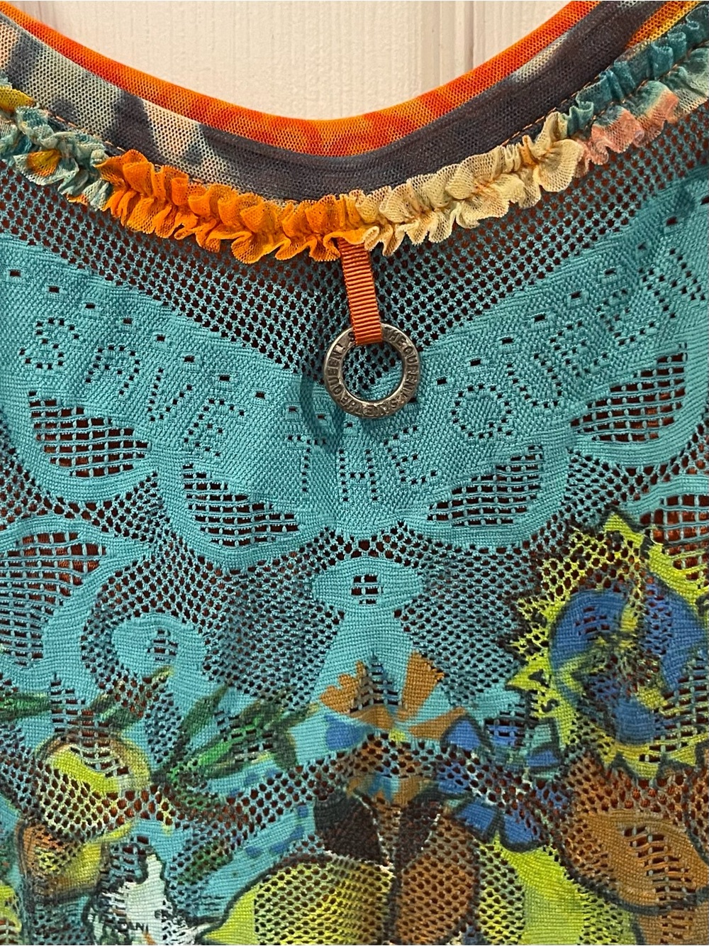 Save The Queen Y2K Turquoise Floral Mesh sleeveless Cami with Orange Trim medium - Picture 4 of 11